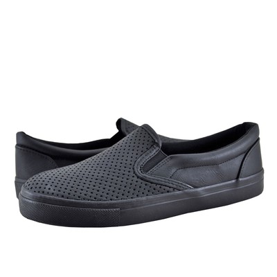 black faux leather slip on sneakers