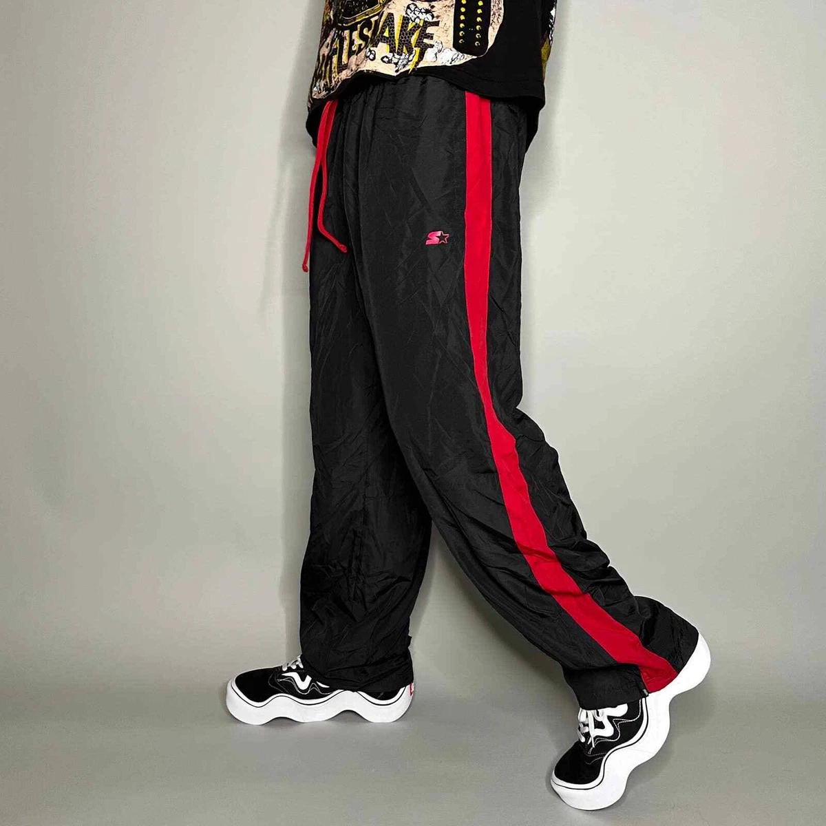 Vintage Starter Track Pants L Jet Black Polyester Sweatpants Red Logo Baggy  90s