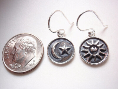 Crescent Moon Star and Sun Drop Earrings 925 Sterling Silver Dangle