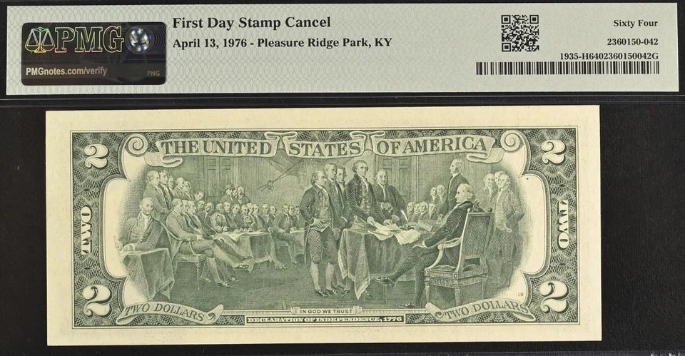 1976 $2 Federal Reserve Note PMG 64 - First Day Stamp Cancel - Ridge Park, KY - Image 3 of 3