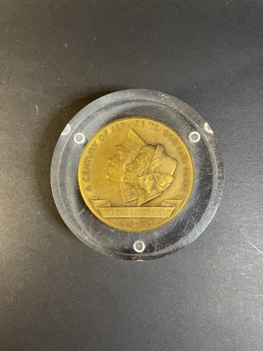 1965 Salvation Army Encased In Lucite Medallion Paperweight 4” Scratches