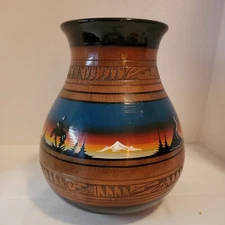 Dineh Navajo Tribe Native American Pottery Brown Orange Mountains Vase Signed