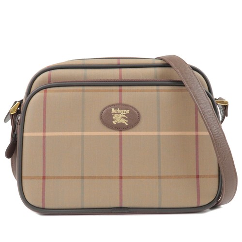 BURBERRY Burberrys Shoulder Bag Khaki Plaid Canvas Leather Auth Used
