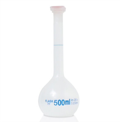 Plastic Volumetric Flask with Plug Cap, 500ml, Polypropylene, Class B (Case 12)