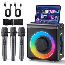 Karaoke Machine with 3 Wireless Rechargeable Microphones: Portable Bluetooth ...