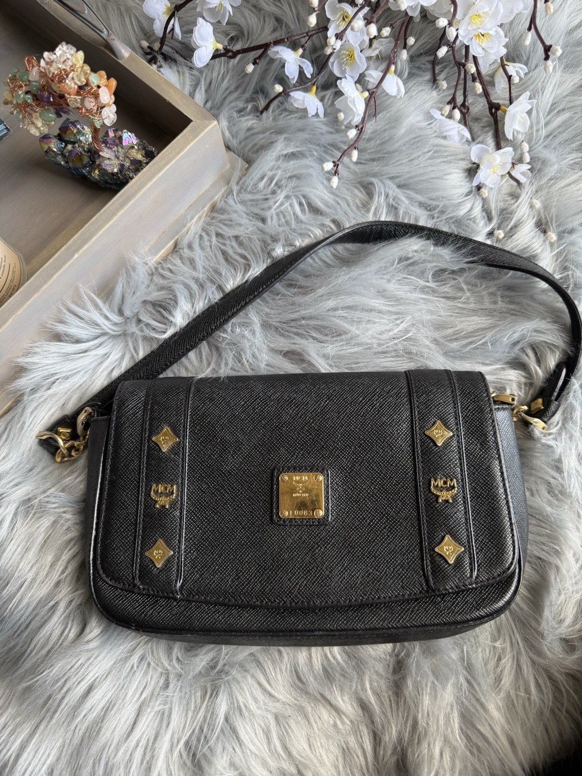 AUTHENTIC MCM Black Leather  Shoulder BAG Clossbody