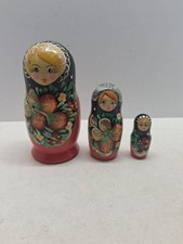 Vintage Hand Painted Russian Matryoshka 3-Piece Set Strawberry Nesting Dolls