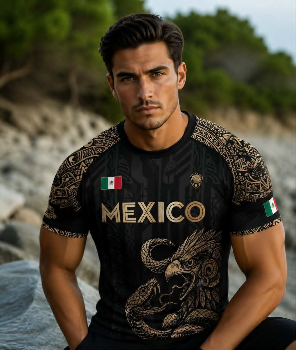 Mexico Soccer Jersey Black Gold Aztec Eagle Snake Mexican Futbol Shirt New