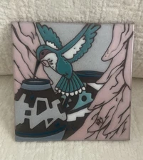 VTG Earthtones Signed Hummingbird Southwest  Art Tile Trivet Arizona 1990 6"
