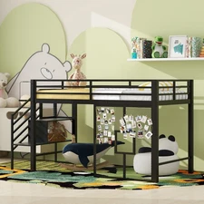 Twin Size Metal Low Loft Bed Frame with Storage Staircase and Iron mesh,Black