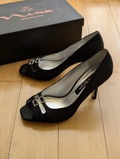 Nina Black Satin Diamond Buckle Peep Toe Heels US 6