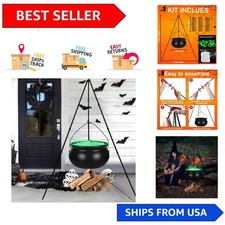 54-Inch Iron Witch Cauldron on Tripod with Green Light and Web - Spooky Decor