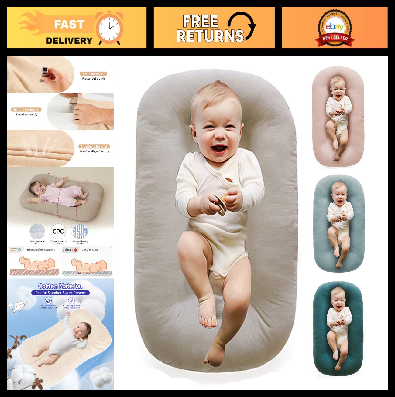 Cozy Baby Lounger 0-24 Months | Soft Cotton Infant Play Mat & Snuggle Bed, Apric