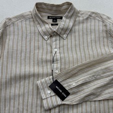 Michael Kors Mens XXL Slim Fit Button Down Shirt Striped Linen Blend Long Sleeve