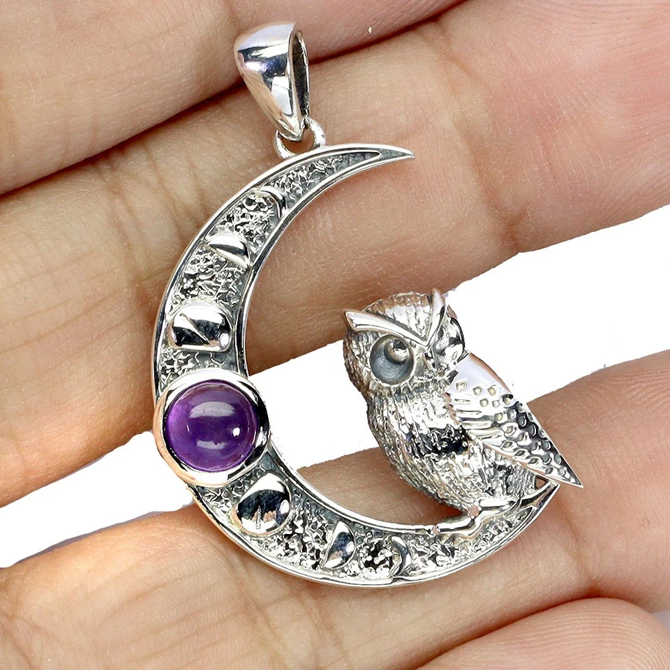 925 Pendente Argento Sterling Rotondo Ametista 4mm Gufo Naturale Gemma Gioielli - Immagine 2 di 4