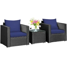 Patiojoy 3PCS Patio Rattan Furniture Conversation Set with 2 Cushioned Sofas &