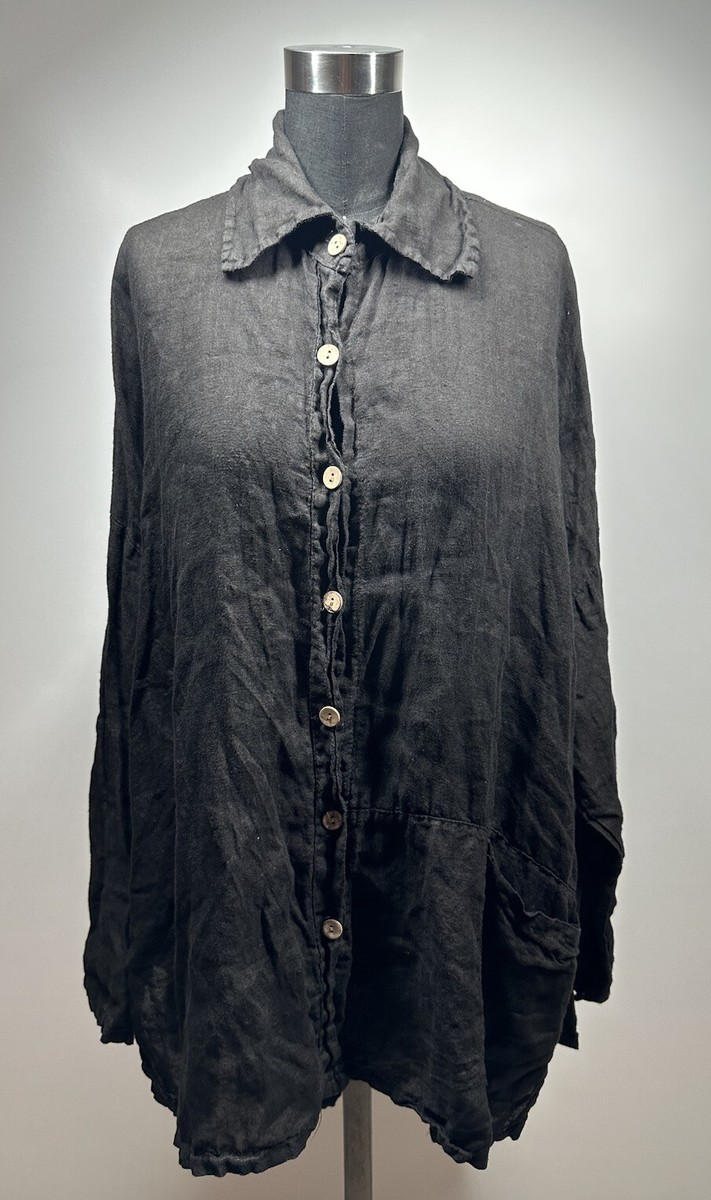 Saga Women's 100% Linen One Size Boho Shirt Dress Pocket Black Made in  Italy | eBay