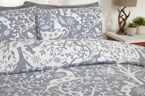 Grey Winter Skandi Woodland Forest Animals Stag, Rabbit Duvet Cover Set - Picture 2 of 16