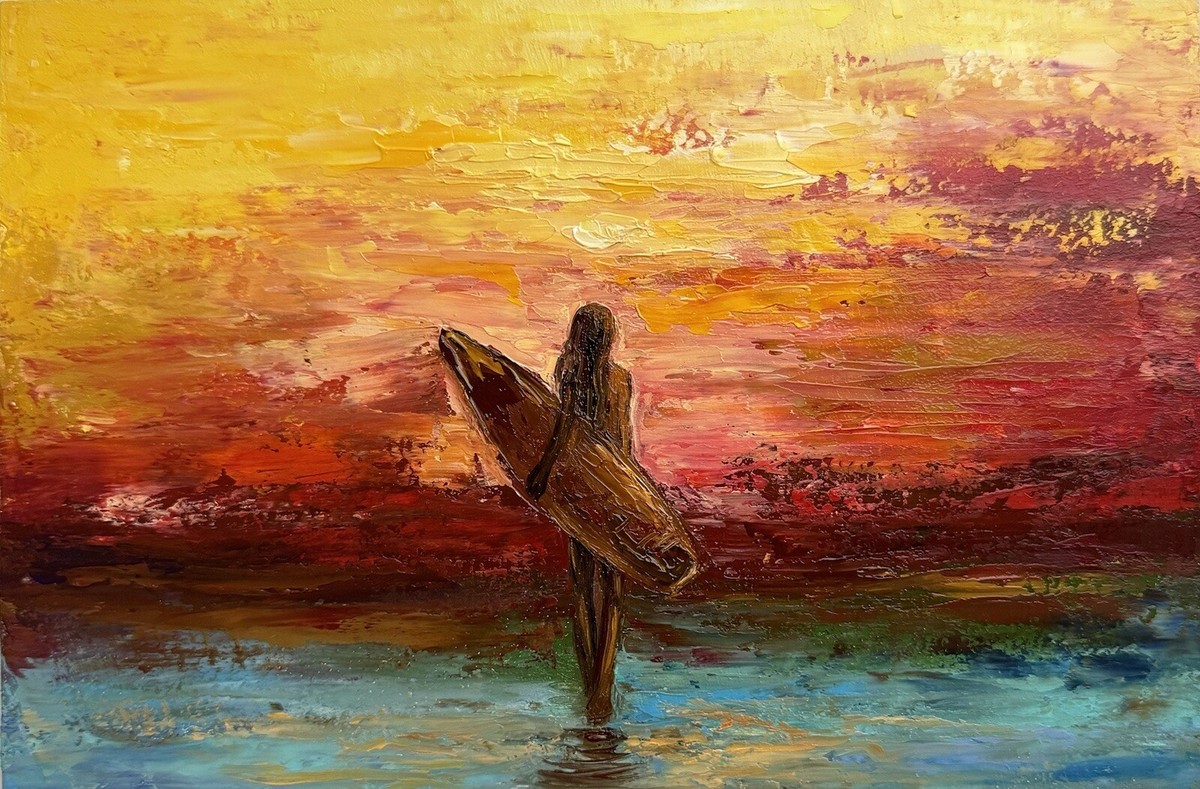 Original Art Surfing Painting Surfer Girl Artwork Beach Sunset