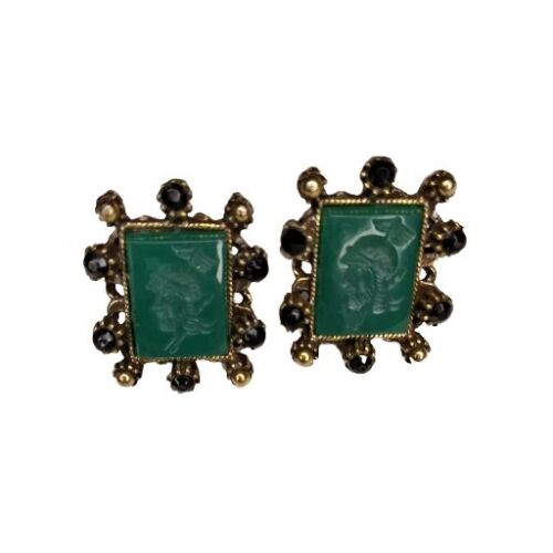Vintage 60's large green gem Intaglio Cameo Earrings Clips Etruscan Revival