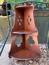 Antique 3 Tier Corner Curio Shelf Wood~Cherry~Cutouts Cottage Arts & Crafts 22”