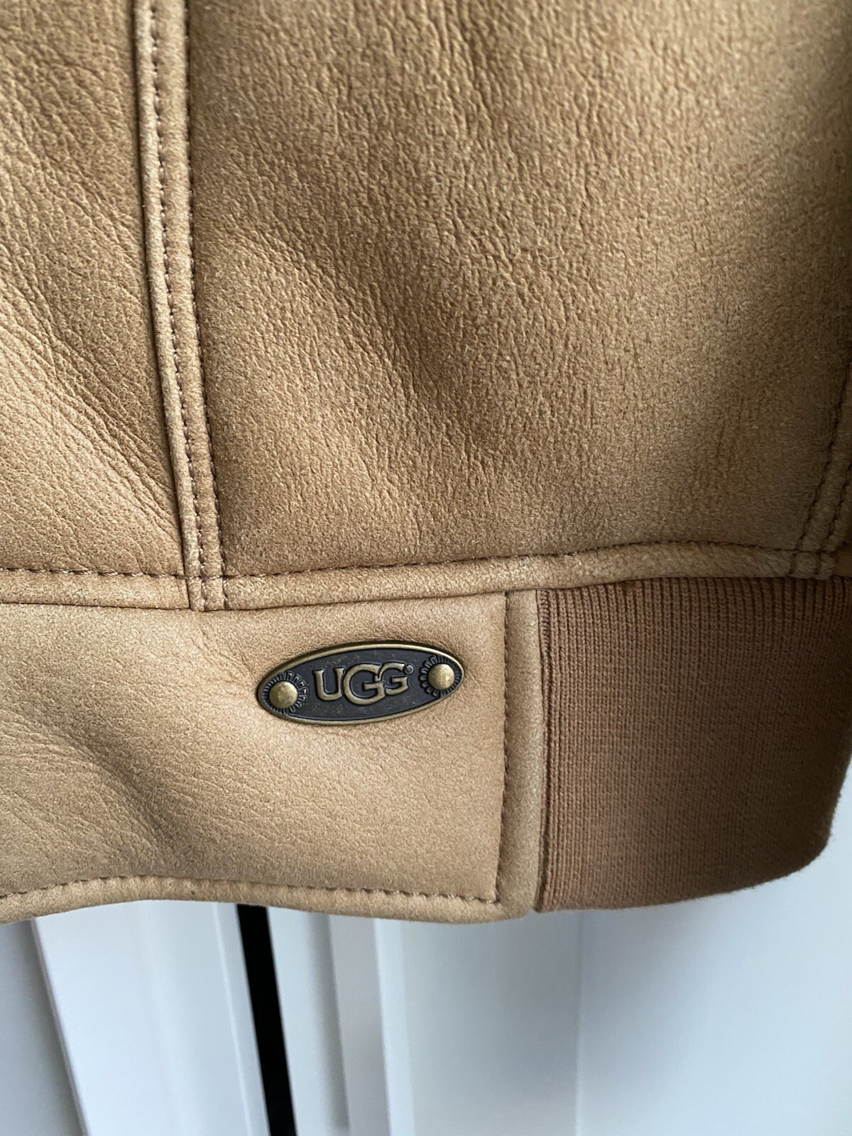 UGG Women's Hooded Lambskin Leather Bomber Jacket Thumb Holes Shearling Lined S image 7