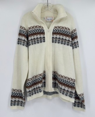Clipper Mist Vintage 70s Mens Ivory Nordic Full Zip Sweater Sz XL