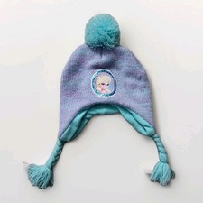 Disney Frozen Elsa Blue Purple Pom Tassel Beanie Fleece Knit Girls 4-14 GUC