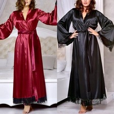 Women Lady Satin Feel Kimono Dress Bathrobe Dressing Gown Sleepwear