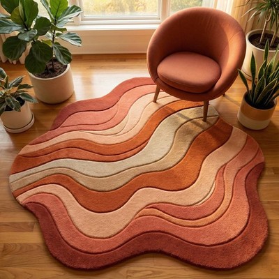 Retro Wavy Area Rug Irregular Shape Burnt Orange Terracotta Tonal Art Rug 5x8