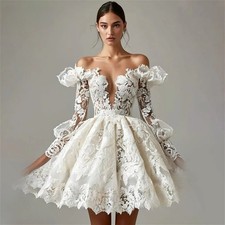 Vintage Lace Short Wedding Dress Pleats Off Shoulder Corset Mini Bridal Gowns