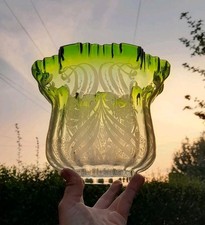 Victorian Crimped Acid Etched Green Glass Oil Lamp Shade, Mint