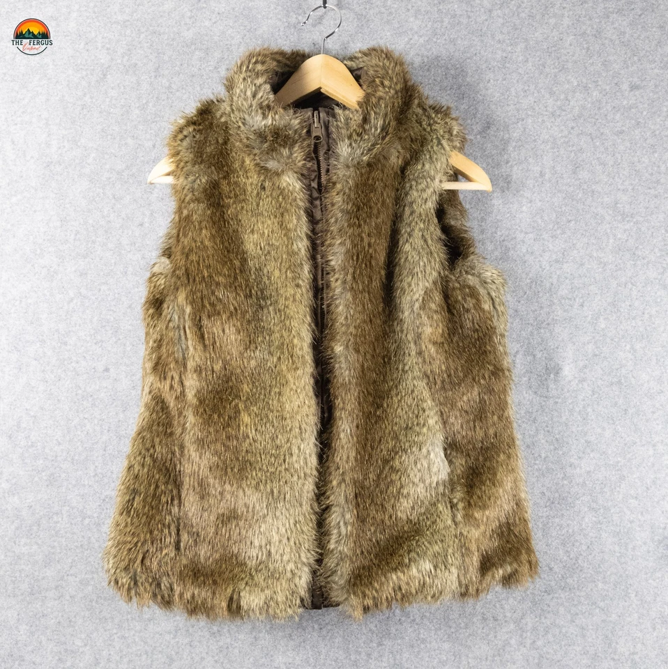 Gap Puffer 背心棕色双面人造毛皮全拉链黄铜扣女孩 XL/男孩 L — 第 4/4 张图片