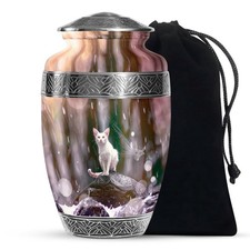 White Cat Sitting On Rock Large Burial Urn For Ashes Adult Female 10 Inch 