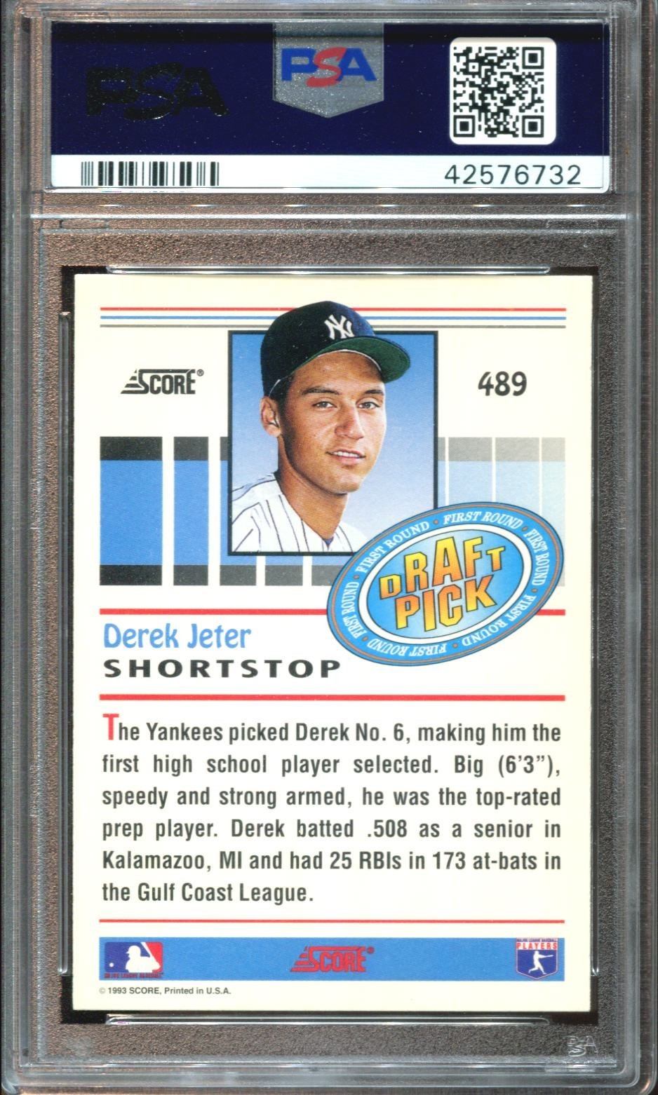 1993 Score Derek Jeter #489 RC Rookie PSA 10  view 2