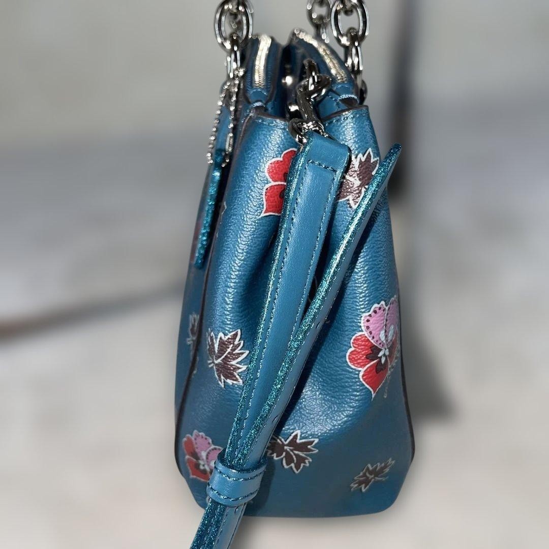 COACH 2way Shoulder Bag Floral Pattern Rose Handbag Leather Blue   Authentic thumbnail 4