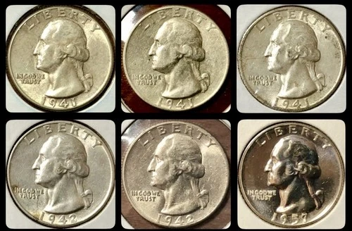 Lot of 6 Washington Quarters 1941 PDS 1942 P D 1955 Pr, 90% Silver, Mostly AU/BU