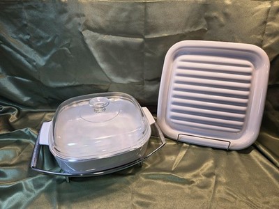 Vintage Corning Ware 10'' Microwave Browning Skillet w/ Trivet/Lid & 12'' Grill
