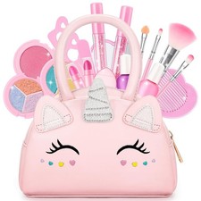 Kids Washable Makeup Kit for Girls with Unicorn Purse - 18 Pcs Real Non Toxic