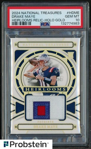 2024 National Treasures Heirlooms Gold Drake Maye RC 3-Color Patch 9/10 PSA 10