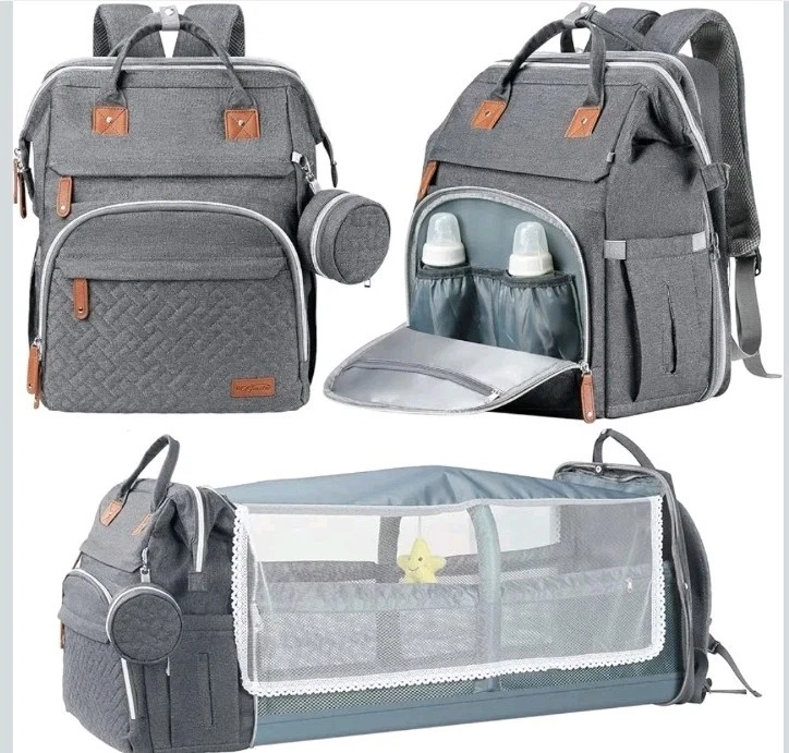 Baby Diaper Bag Backpack W/ Changing Station, USB Charger, Pacifier Holder, Gray
