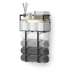Wall-Mounted Towel Rack with Floating Shelves and Storage for Small Spaces