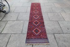 Vintage Hand Made Afghan Mushvani Oriental Red Wool Narrow Runner 273x58cm