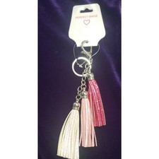 Three Tassel Keychain, Pink and White Glitter, Large Lobster Clasp, 7 in. NWT
