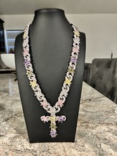 White Gold Plated Cross Silver Cross Purple Yellow Pink Flowers Chain Necklace