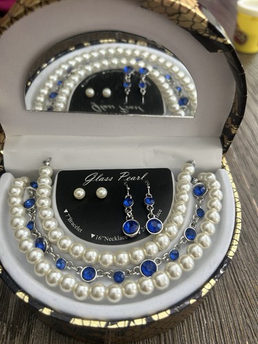 Glass Pearl Jewelry Set Necklace Bracelet Earrings White/Blue Crystal Accents