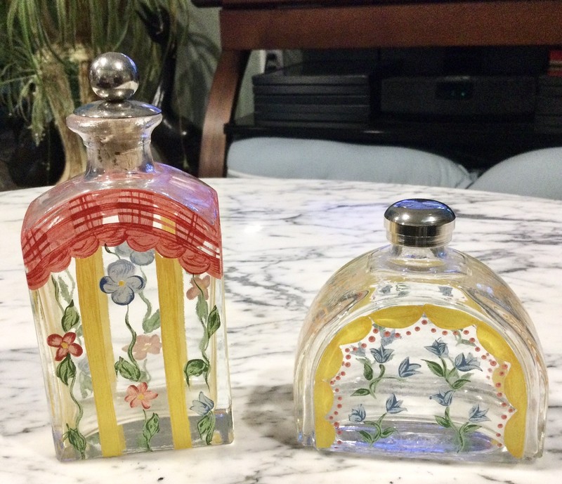 2 Vintage Hand Painted French Glass Cologne Vanity Bottles