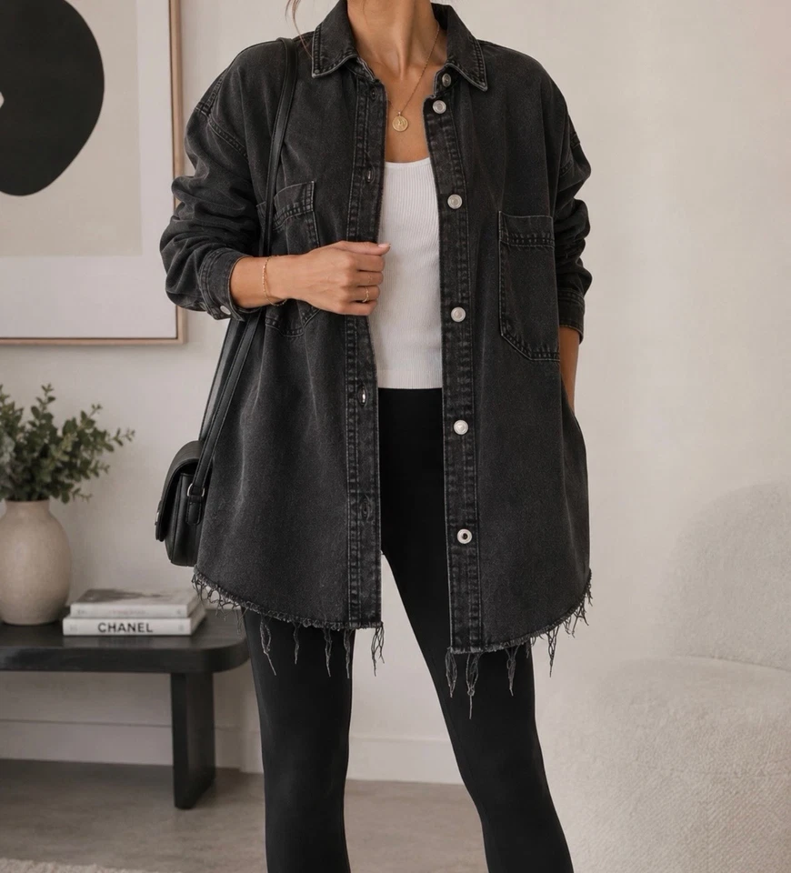 Topshop Damen Oversized Jeansjacke Gr. 34 | Washed Black | Longline | 100 % Baum - Bild 1 von 4