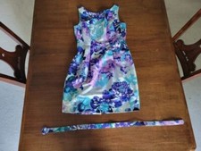 Eliza J Dress with Belt | 6 Petite | Blue & Purple Watercolor Flowers