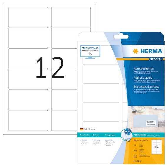 Herma 8842 Inkjet Adressetiketten A4 88,9X46,6 Mm Weiß Papier Matt 300 St.-image
